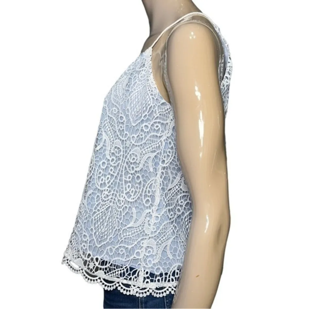 BB Dakota Women’s Size S Blue White Pinstripe White Lace Overlay Norelle Tie Top - Image 4