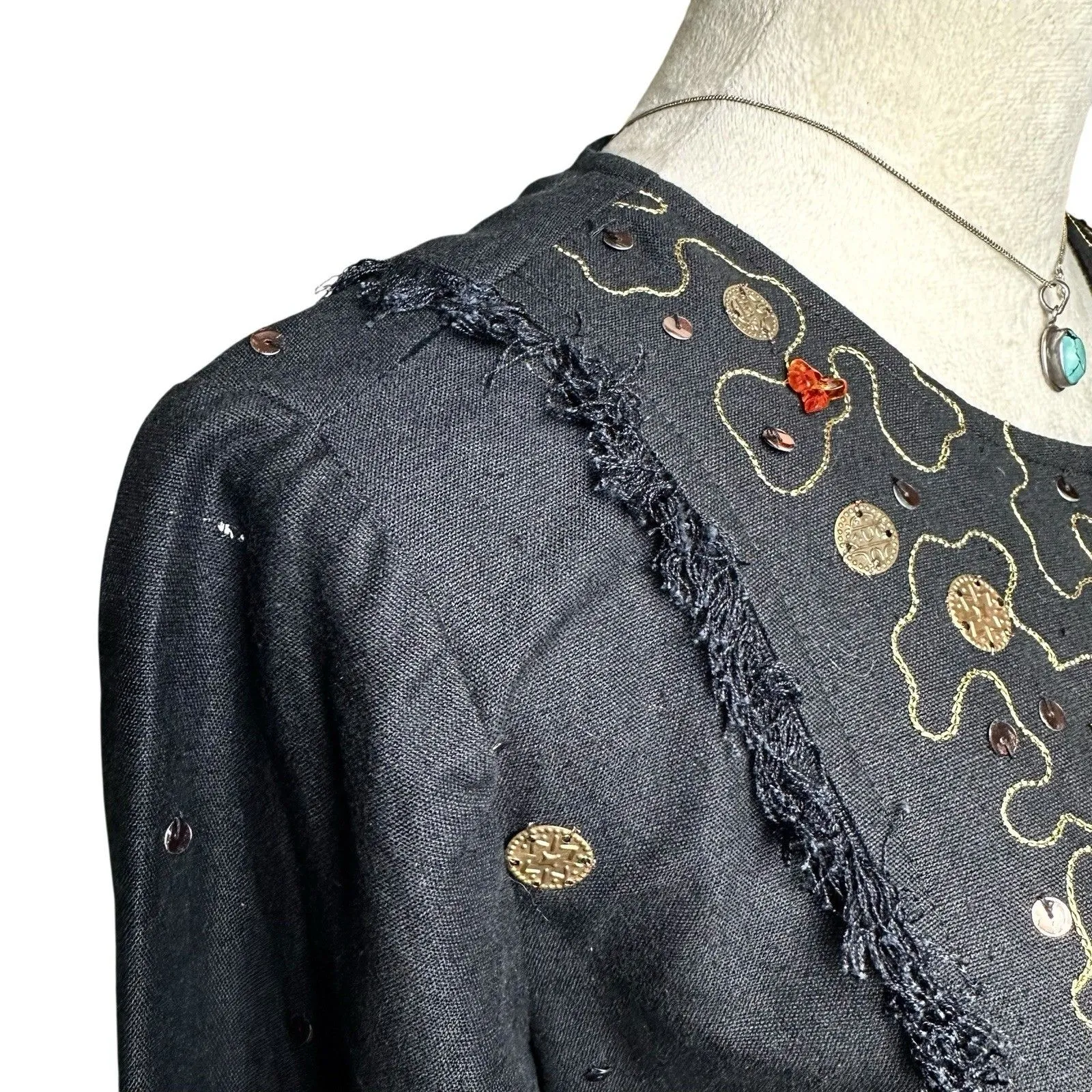 Indigo Moon Embellished Black Fray Linen Blend Jacket M | Boho Western Artwear Size M - Image 5