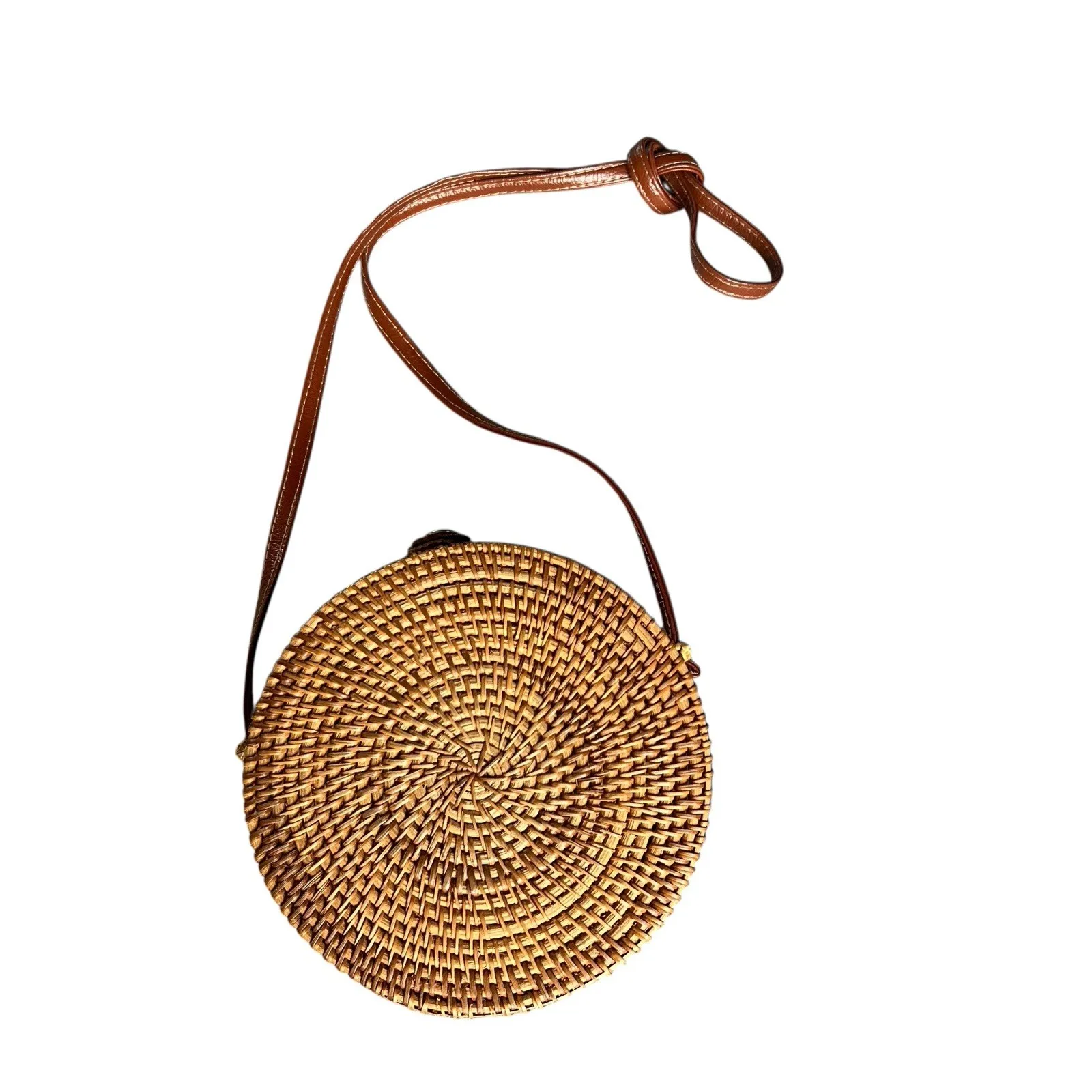 Round Rattan Straw Bag Wicker Purse Crossbody Faux Leather Strap Boho - Image 8