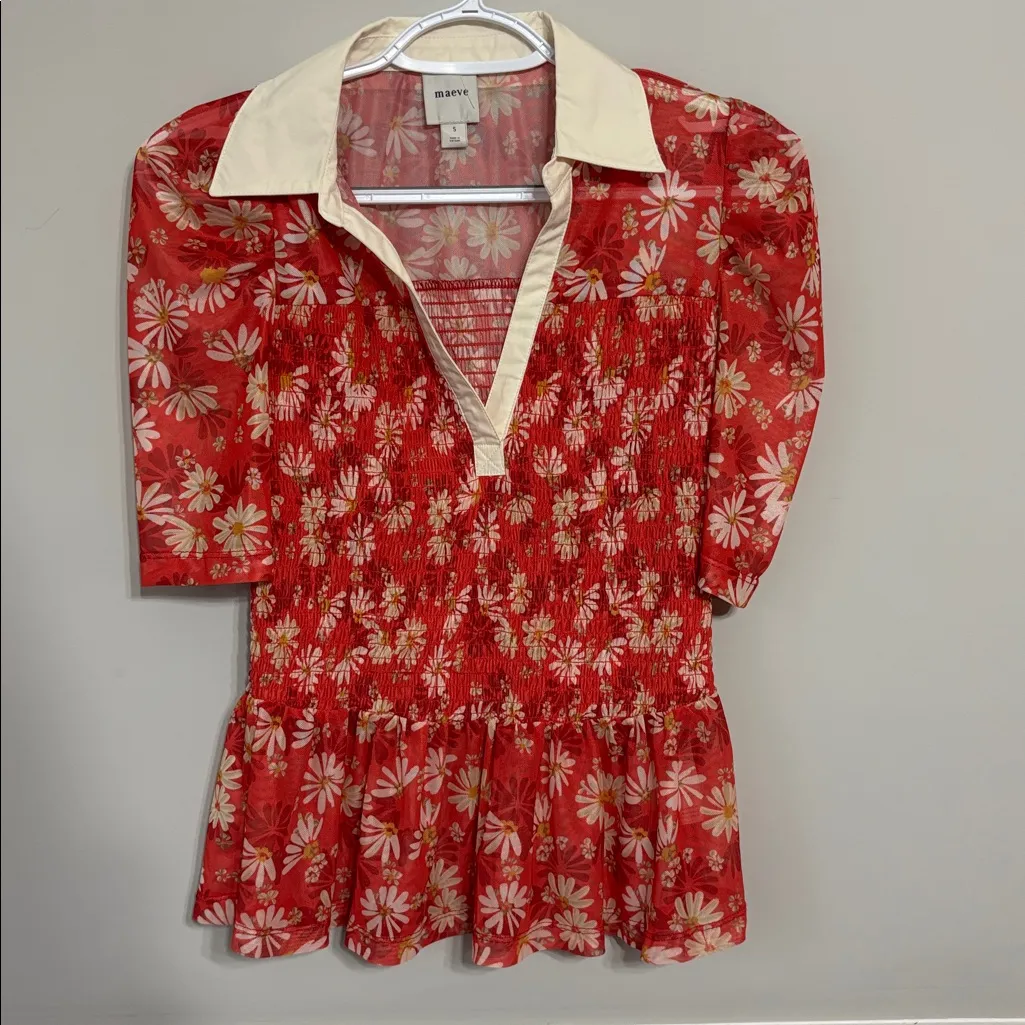 Anthropologie Maeve Sheer Botanical Print Smocked short sleeve Top sz s - Image 2