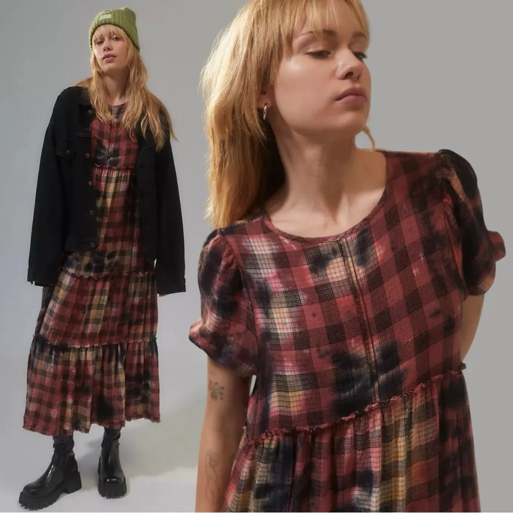 Urban Outfitters Grunge 90s Distressed Plaid Fantine Tiered Midi Dress Medium - Image 5