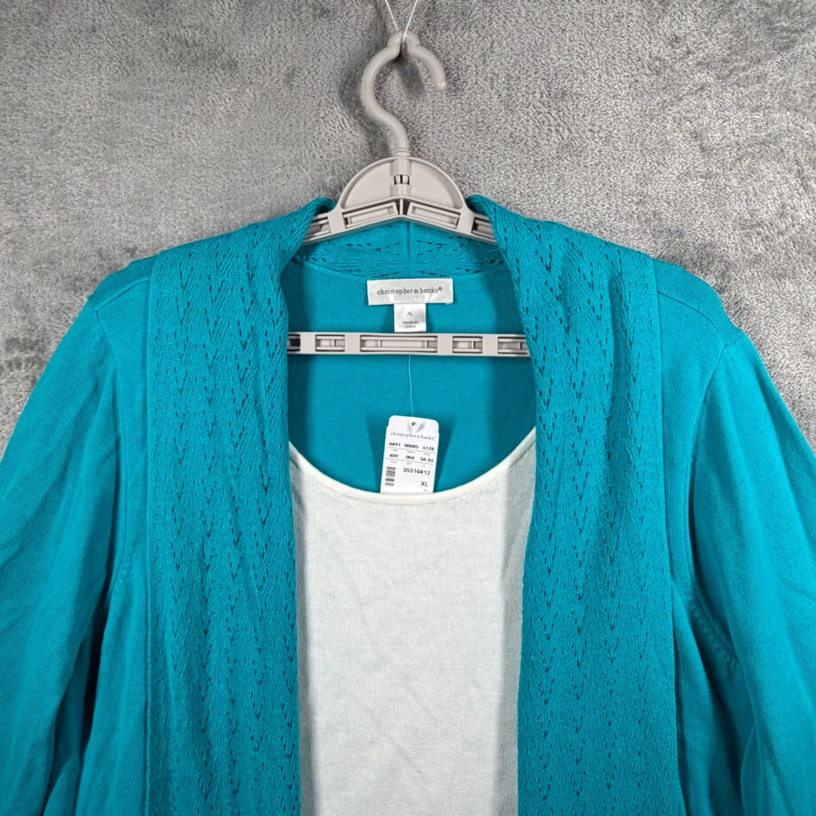 Christopher & Banks XL Teal Crochet Open Cardigan Built In Tank Beach Resort - Image 4