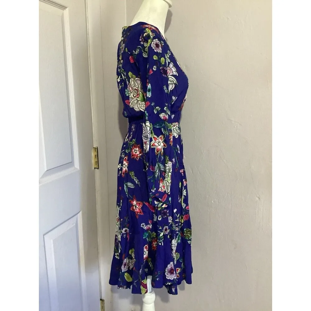 Maeve Boho Blue Maple wood Floral Fit & Flare Mini Long Sleeve Dress XS - Image 4
