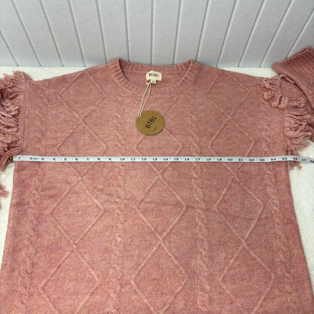 BiBi Blush Fringe Cable Knit Women's Sweater Size L Pink Size L - Image 5