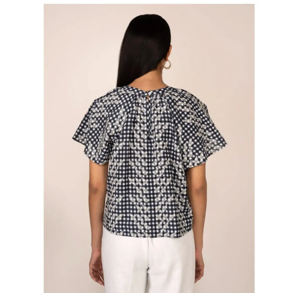 NEW BANJANAN Rada Top Embroidered Wheat Cotton Gingham Navy Blue White Women's M Size M - Image 2