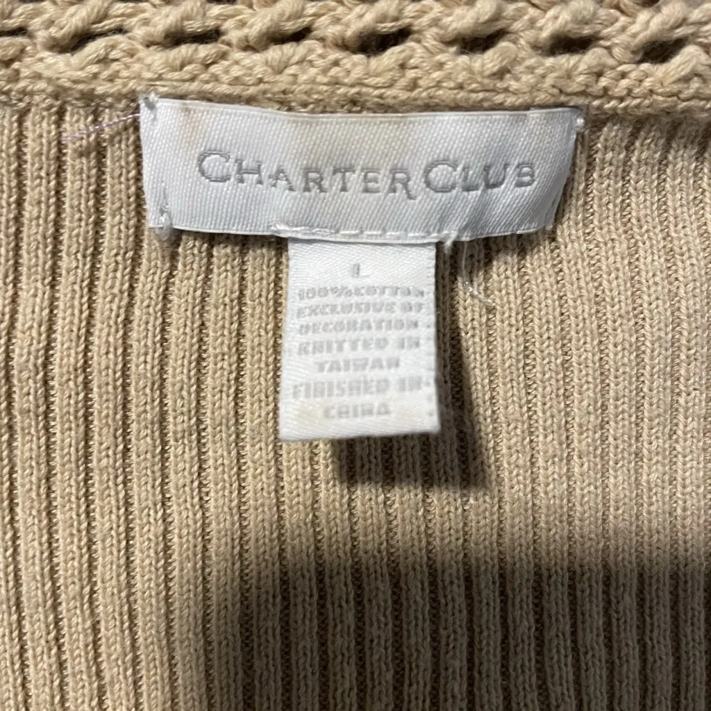 Charter Club Shirt Womens Large Knit Tan Ribbed Beaded Woven Trim Long Sleeve - Image 2