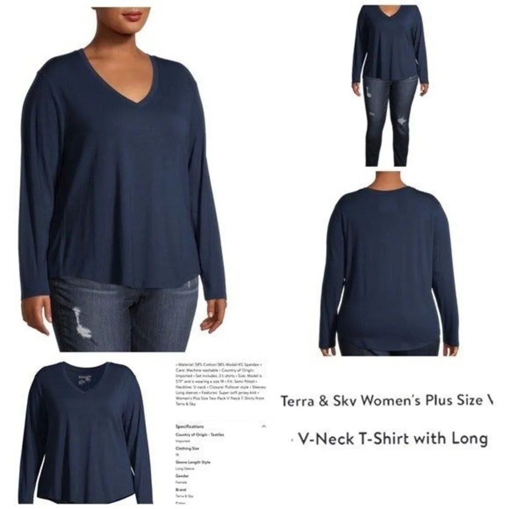 Terra & Sky Women's Plus Size V-Neck T-Shirt Long Sleeves 2X 16W-18W navy blue - Image 2