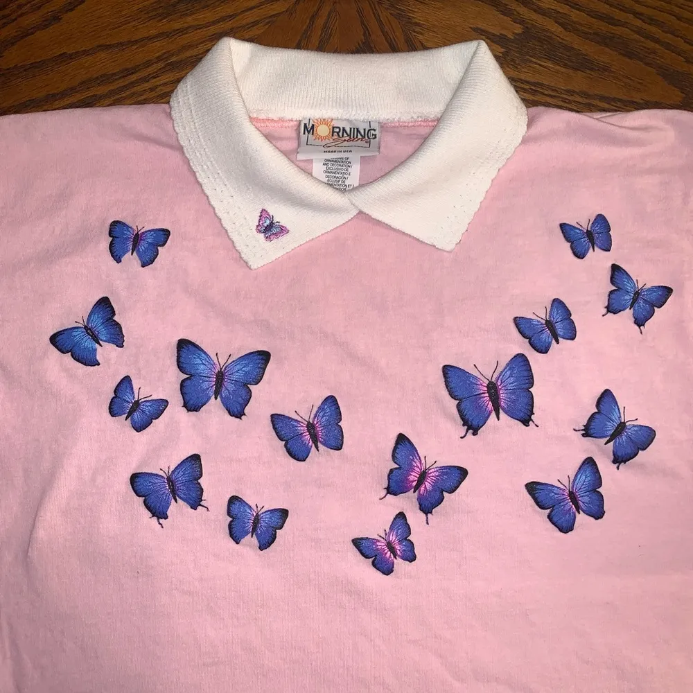 Vintage Morning Sun Butterfly Grahic Tee Shirt Peter Pan Collar Medium M Pink - Image 4
