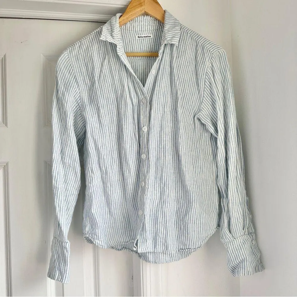 Reformation Preston Linen Striped Button Up Shirt - Image 2