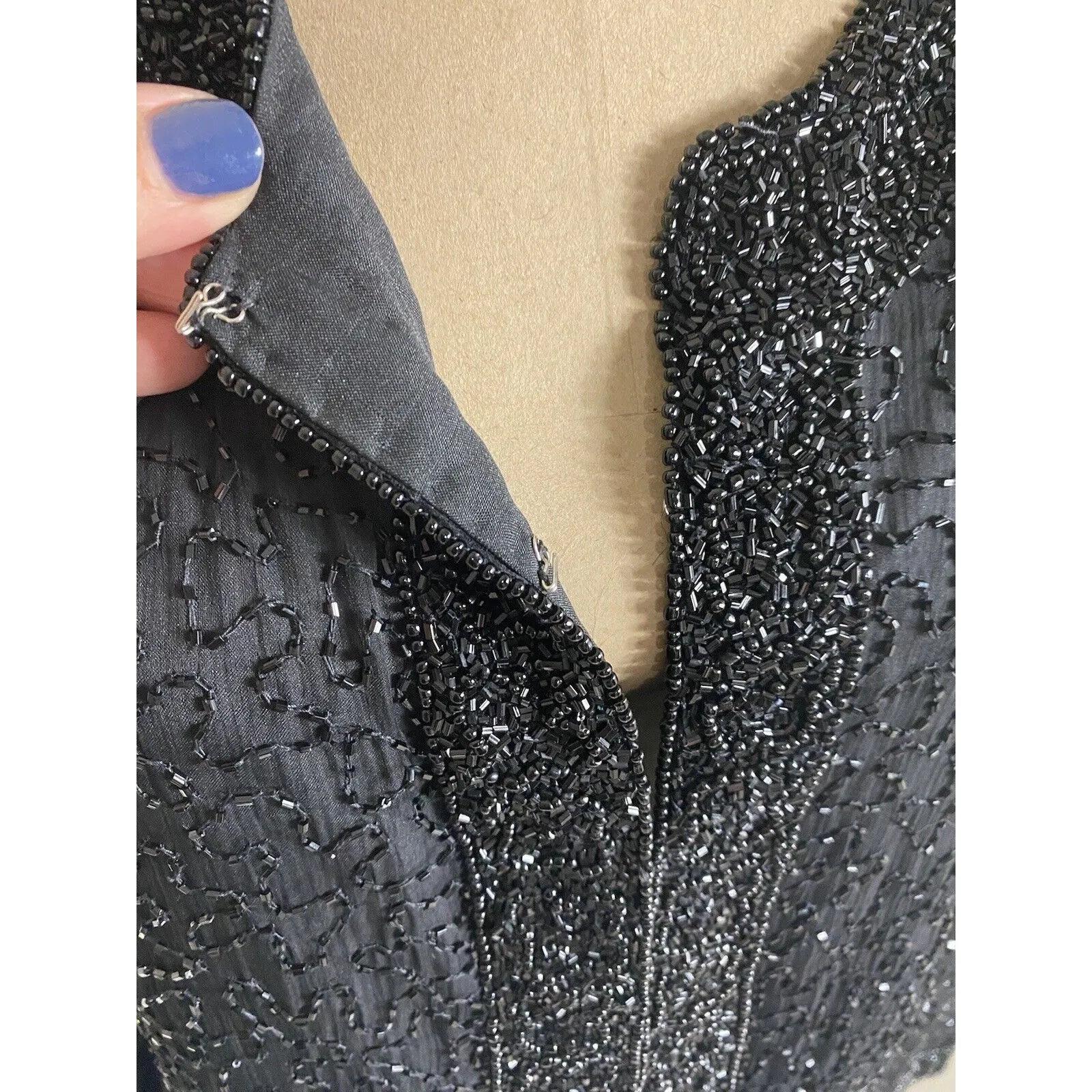 Laurence Kazar Evening Jacket Vintage Black Beaded Silk Long Sleeve size Medium - Image 6