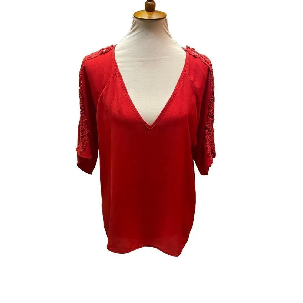 Alya Red Blouse With V-Neck and 3/4in Bell Sleeve with Filagree Lace Pattern Dow - Image 8