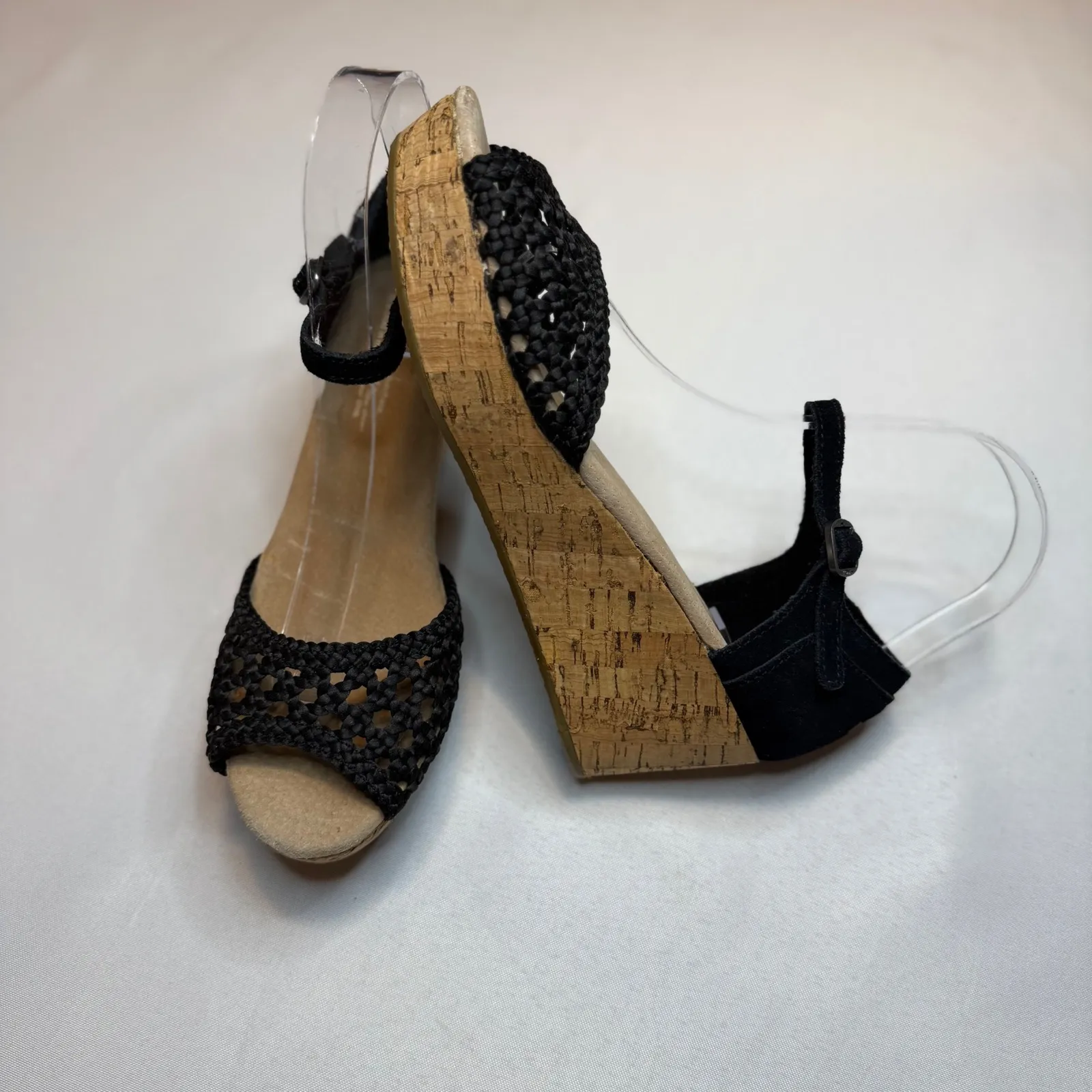 TOMS NEW Black Suede Woven Wedge Sandals Womens  7.5W Cork Platform Ankle Strap - Image 6