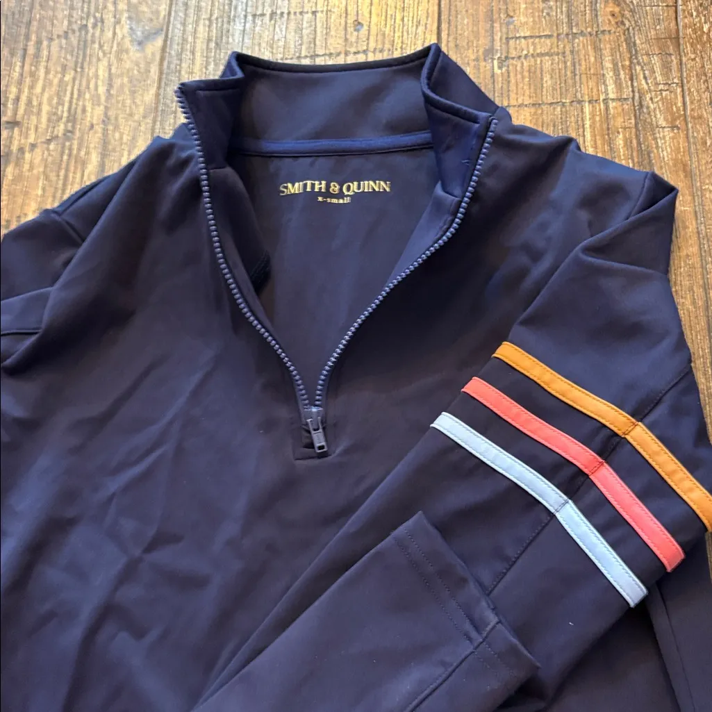 Smith & Quinn Ava 1/4 Zip Pullover Navy 70's Stripe Preppy Athletic Top Size XS Black - Image 6