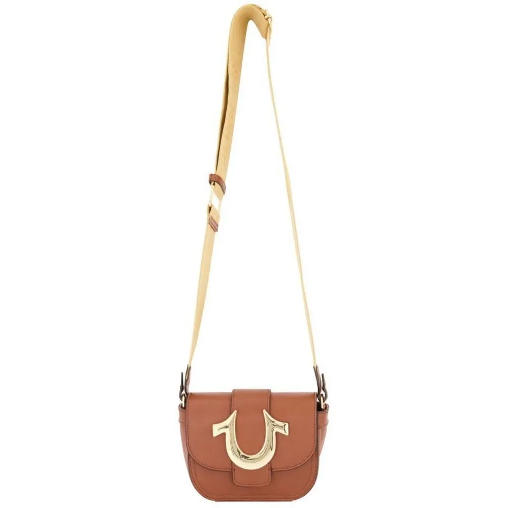 True Religion Mini Flap Crossbody Bag Purse Cognac Brown Gold Cream NWT - Image 2