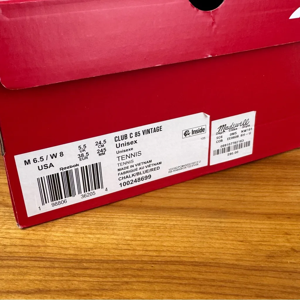Reebok x Madewell Club C 85 Vintage Sneakers Chalk/Blue/Red M 6.5 W 8 w/ Box - Image 9