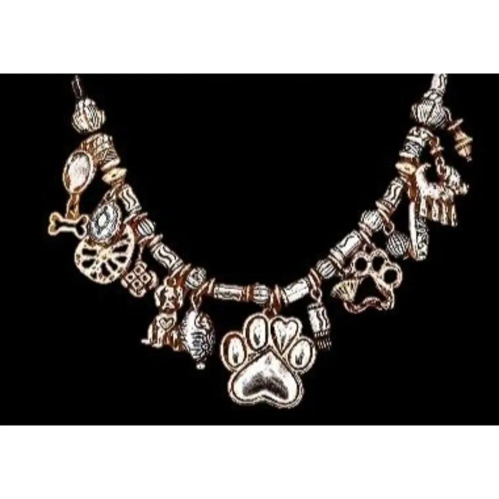 Paw Print Necklace Earrings Set Pendant 17 inch Handmade New Dog Bone An… Gold - Image 2