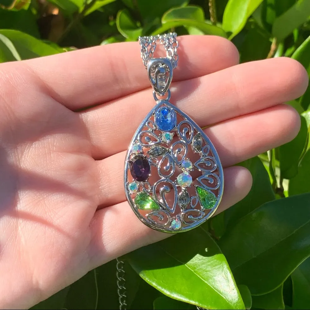 Silver Teardrop Shaped Necklace Double Silver Chain - Image 3