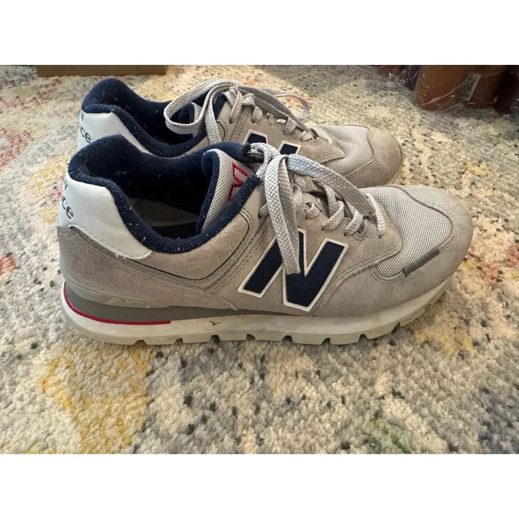 Women's New Balance 574 Grey Navy Lace-Up Athletic Sneakers - Image 2