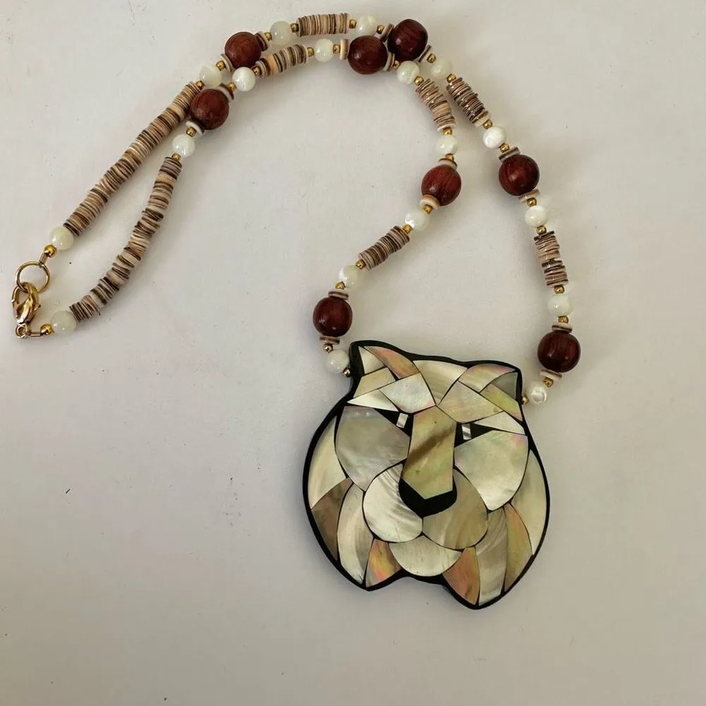 Lee Sands vintage mother of pearl lion pendant necklace Brown - Image 2