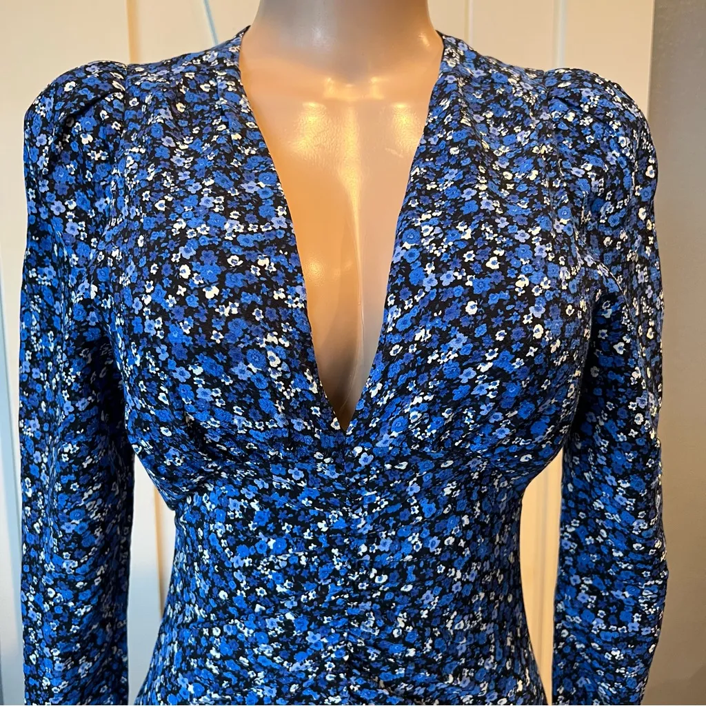 Zara XS pencil blue floral dress front slit ruched midi maxi - Image 2