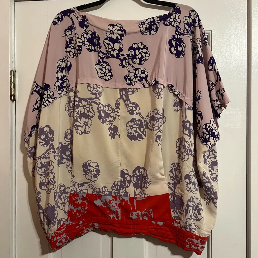 #180 DIANE VON FURSTENBERG LANDY SILK FLORAL COLORBLOCK BLOUSE TOP SIZE LARGE - Image 3