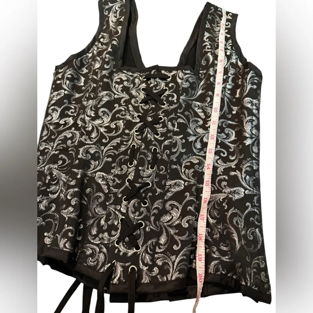 Steel boned Corset Queens sz 30 lace up side zip Black Silver Brocade slimming - Image 13