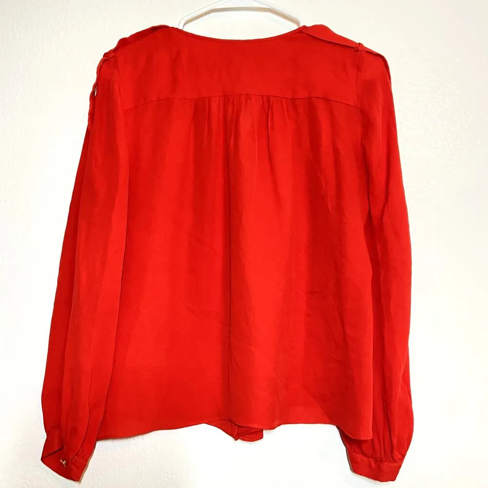 Parker Blouse 100% Silk Balloon Long Sleeve Pleat Back V-Neck Red Medium - Image 5
