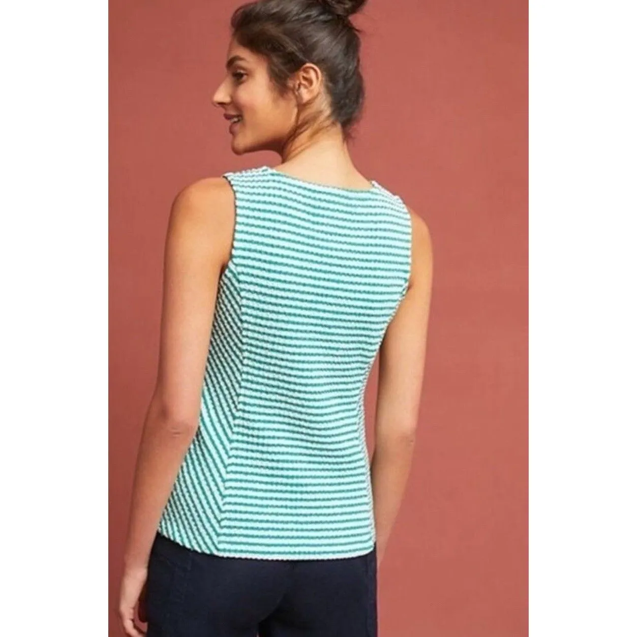 Anthropologie MAEVE Textured Green & White Striped FRANCONIA Tank Top Small - Image 3