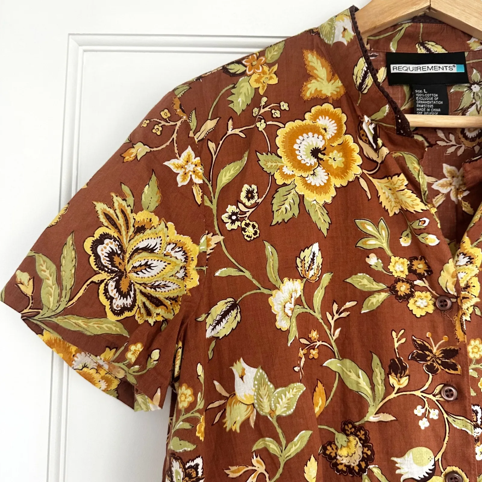 Requirements Floral Button Down Top Short‎ Sleeve Brown Yellow Blouse L - Image 4