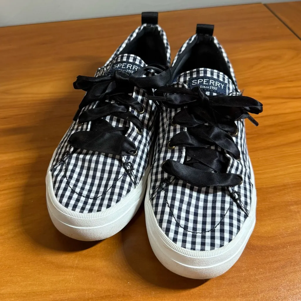 Sperry Crest Vibe Gingham Fashion Sneaker Black White Ribbon Spring Summer W7.5 - Image 3