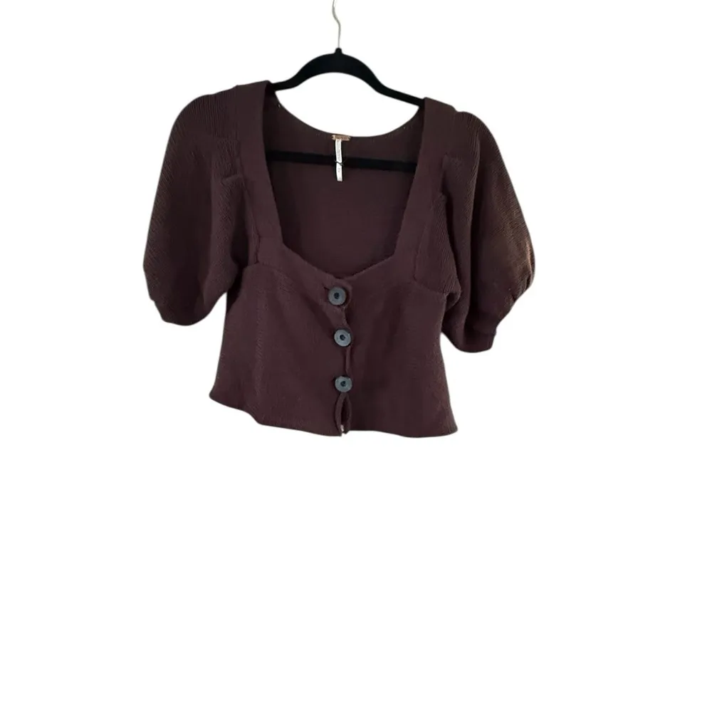 Free People Brown Puff Sleeve Button Down Crop Top - Image 2