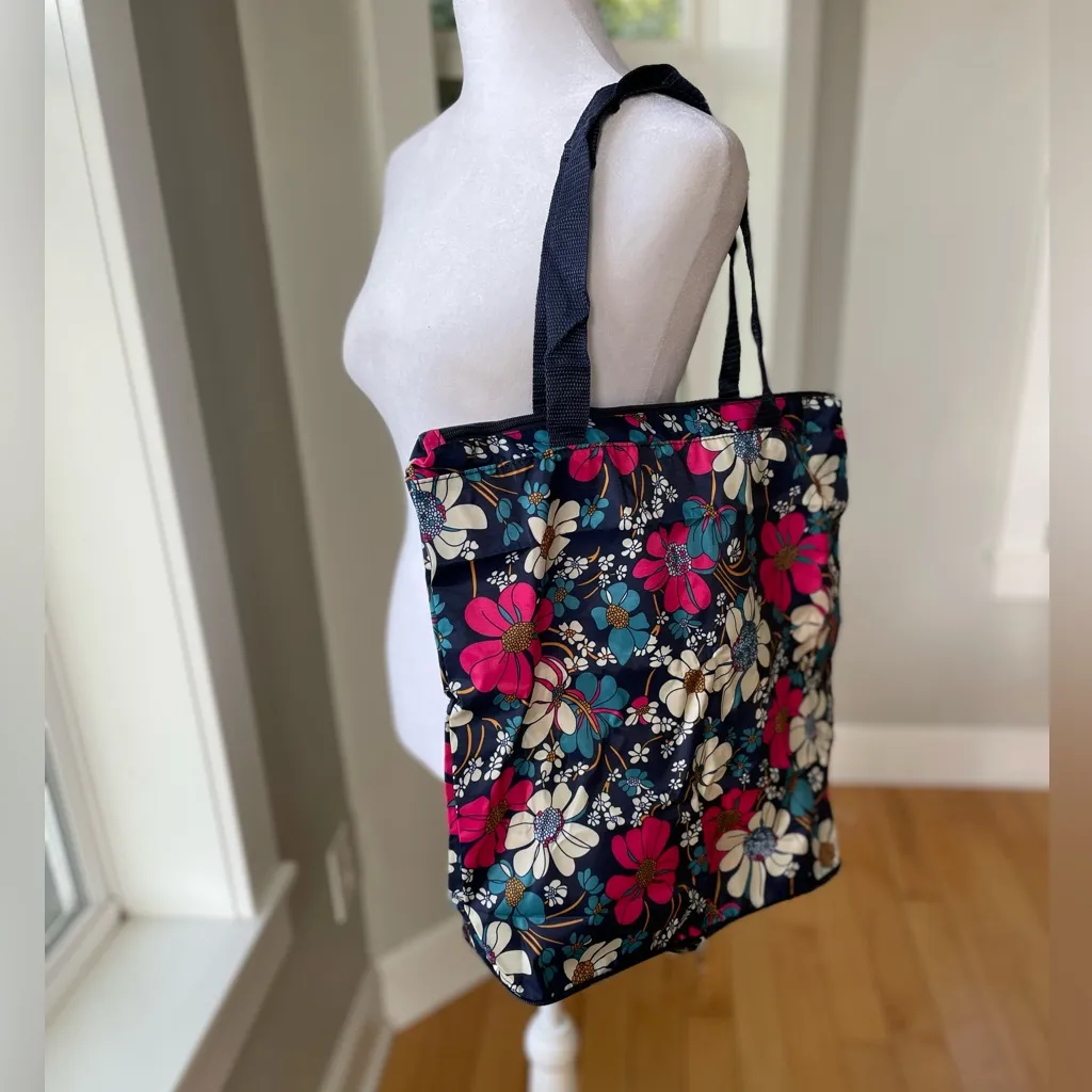 Teacher Navy Pink Floral Packable Ripstop Nylon Tote Bag Blue - Image 8