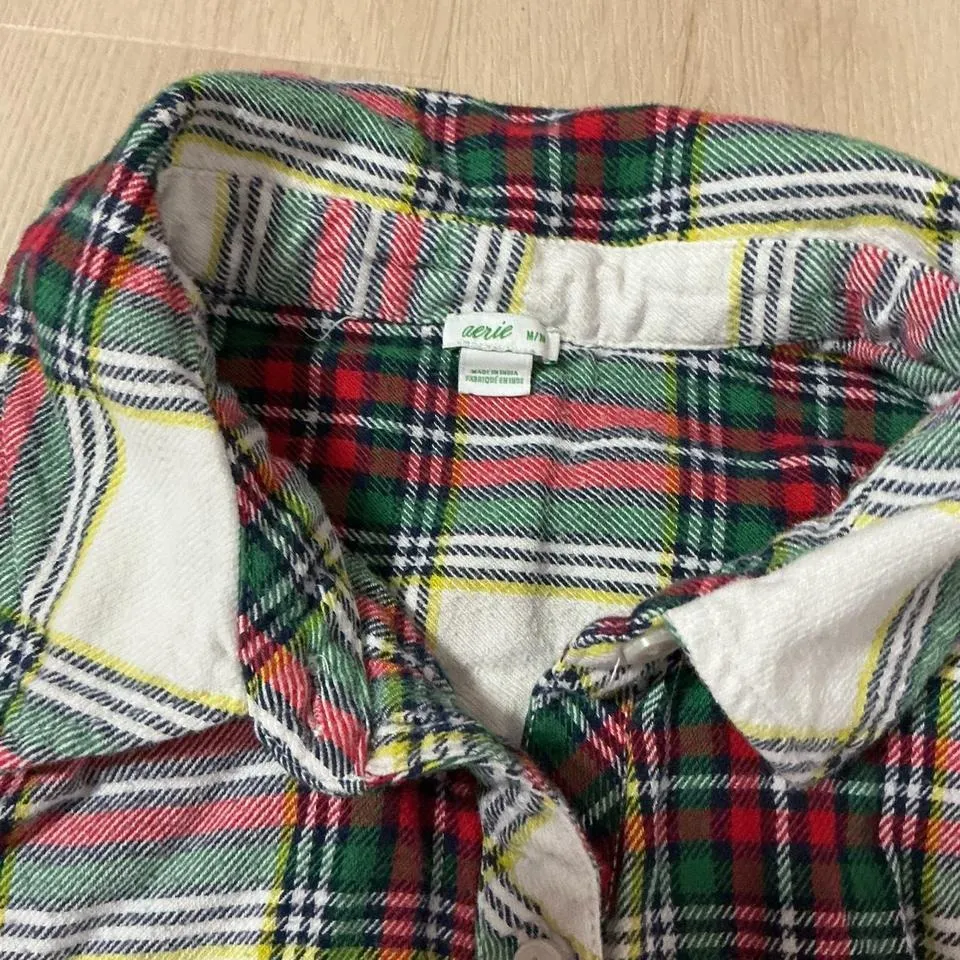 Aerie Plaid Pajama Set Button Up Shirt Pants Women's Red Green Sleepwear L - Image 3