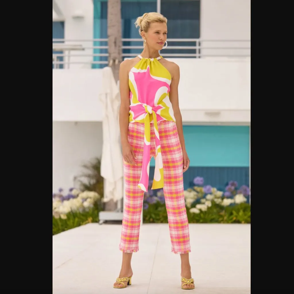 Trina Turk Lulu Pink Yellow White Plaid Tweed Fringe Pants 0 - Image 4