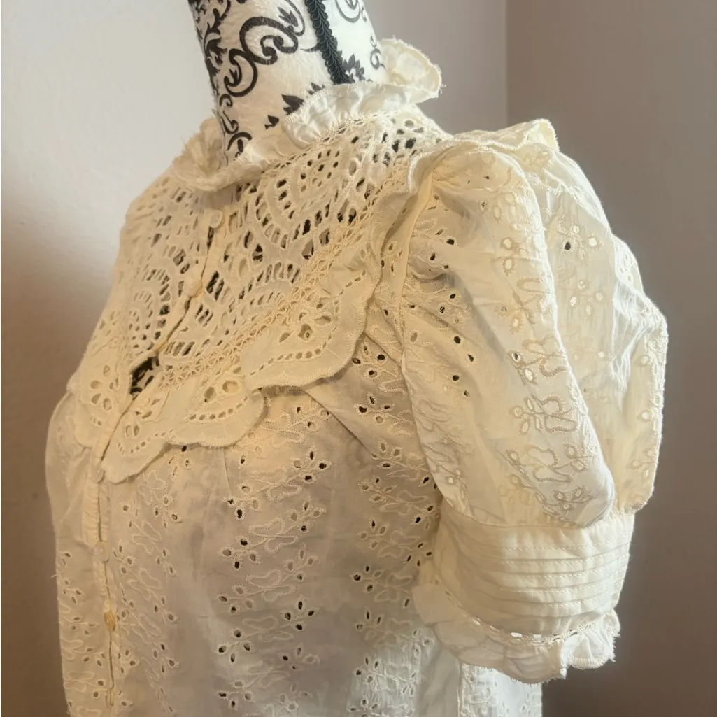 HOUSE OF HARLOW 1960 Ivory Ruffle Trim Puff Sleevees Blouse Size M - Image 5