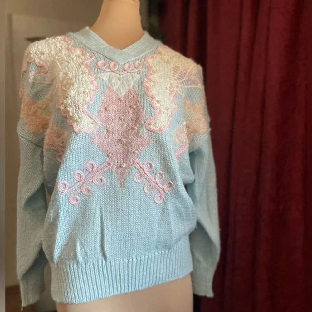 Jocelyn Smith VTG Pastel Goth Sequin Pearl Fairy Kei Cottagecore Sweater Medium Blue - Image 2
