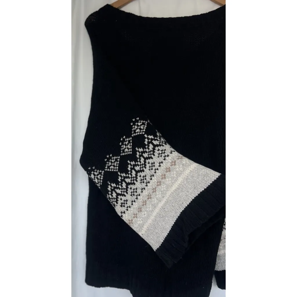 VTG Old Navy Black Knit Sweater Large Fair Isle Sleeve Kangaroo Pocket Lambswool - Image 5
