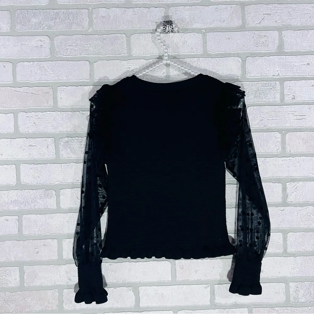 Anthropologie Maeve Black Smocked Ruffled Long Sheer Sleeve Blouse Size XS - Image 7