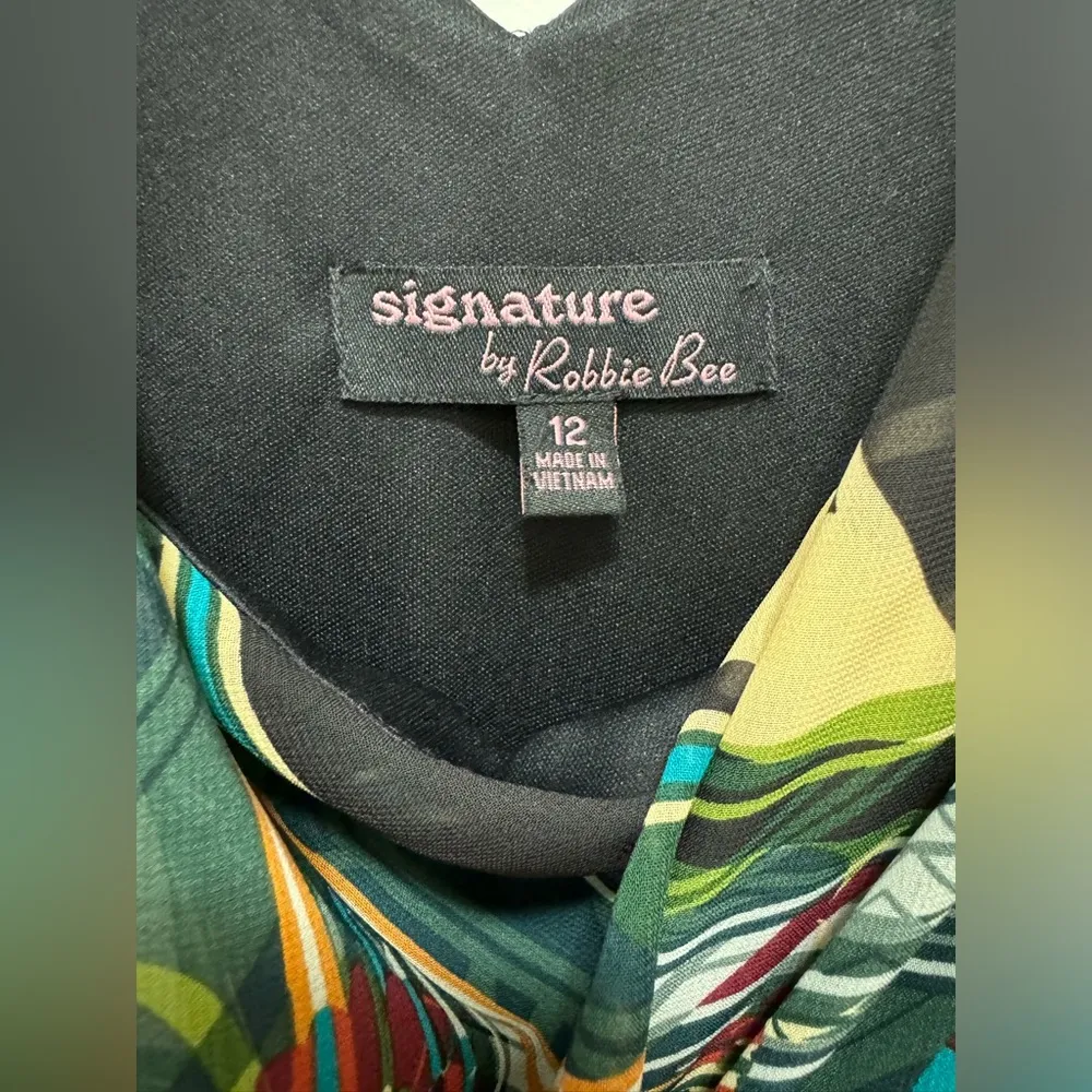 Vintage 90s Signature By Robbie Bee Petite Green Multi Printed Chiffon Dress 12 - Image 5