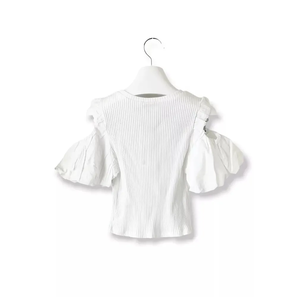 Zara | Cold Shoulder Puff Short Sleeve Crop Top Small White Ribbed - Image 2