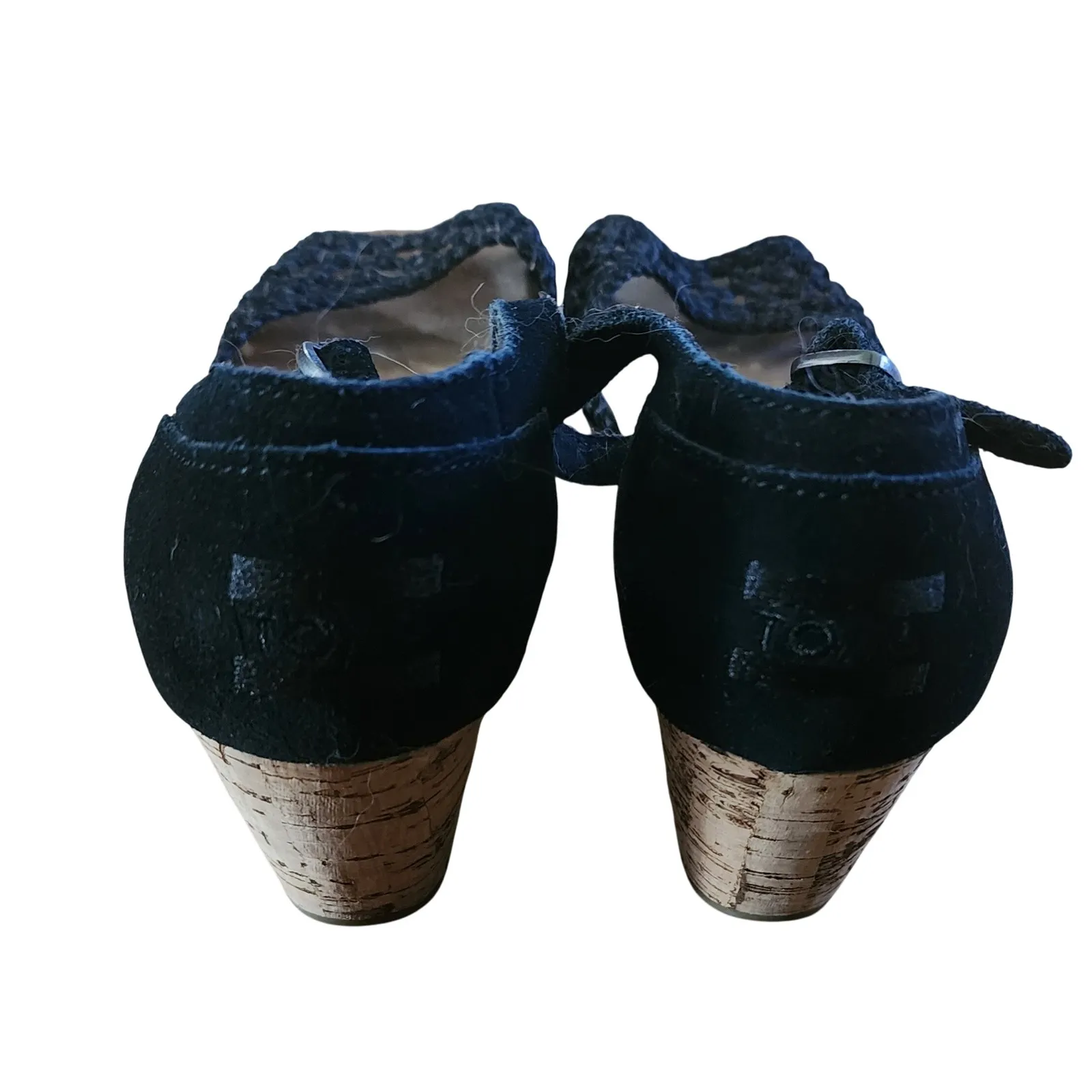 TOMS Womens Black Suede Woven Peep Toe‎ Cork Wedge Ankle Strap Sandals - Image 2