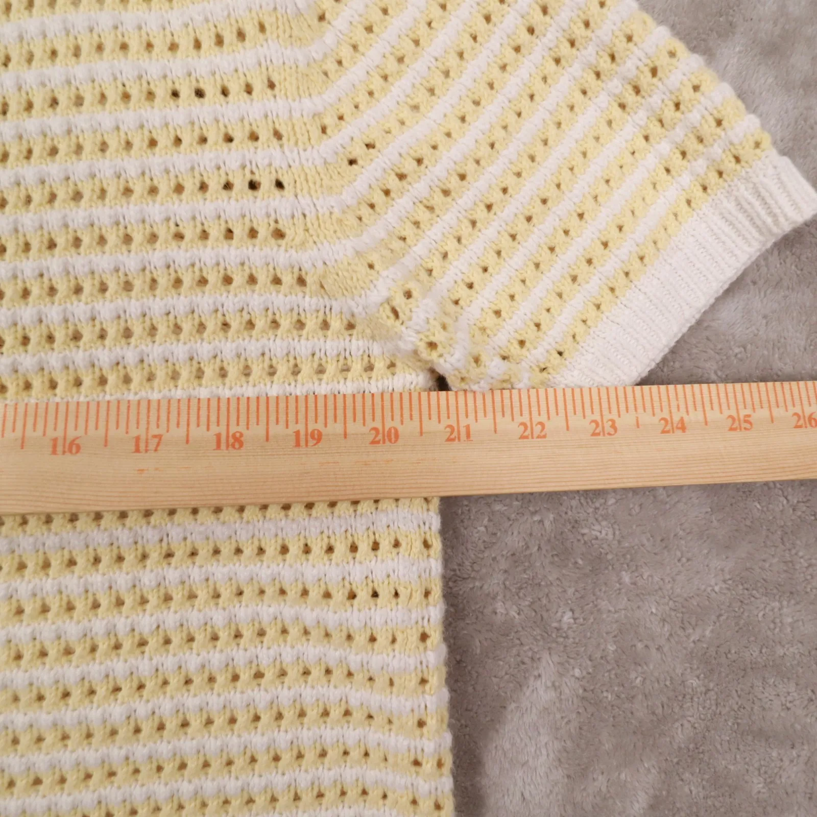 Christopher & Banks Vintage White Yellow Striped Short Sleeve Cardigan Sweater L - Image 3