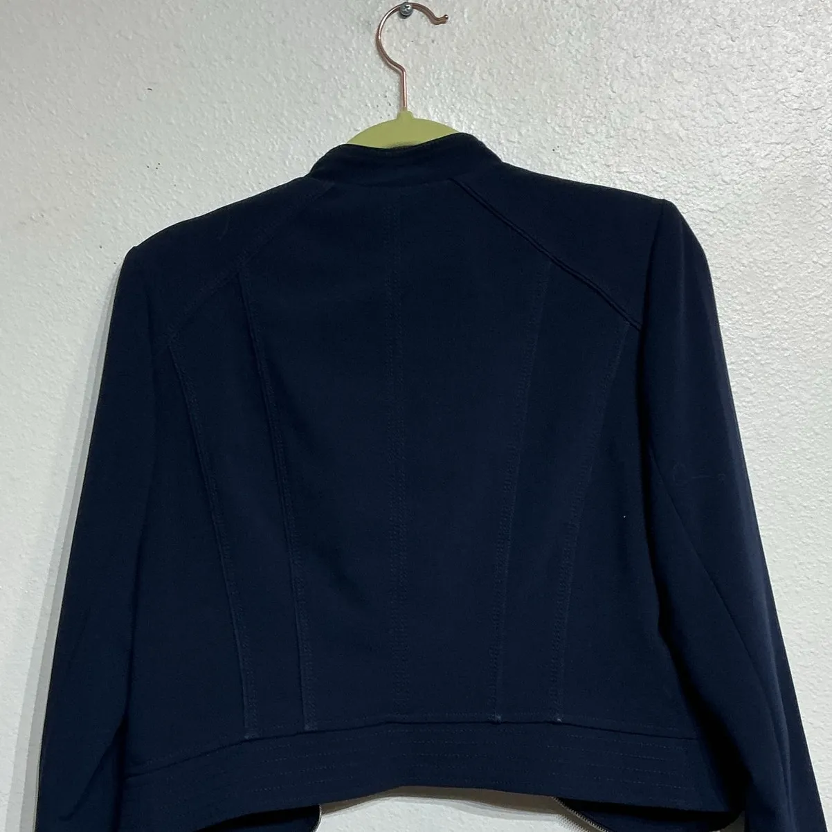 White House Black Market Navy Blue Cropped Moto Jacket Sz 10P - Image 7