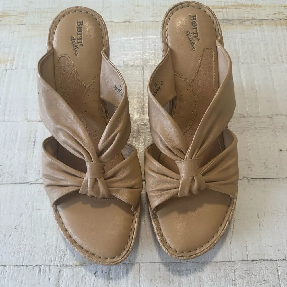 Born Drilles Monte Carlo Knotted Leather Wedge Sandals size 10 Tan Cork Platform Brown - Image 2