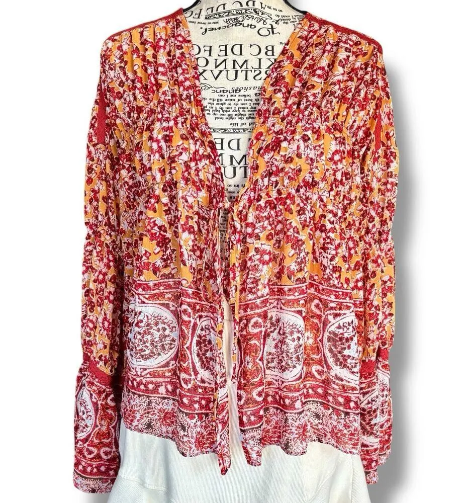 Free People Size M L Lorriane Boho Print Tie-Front Top Blouse Boho Festival - Image 6