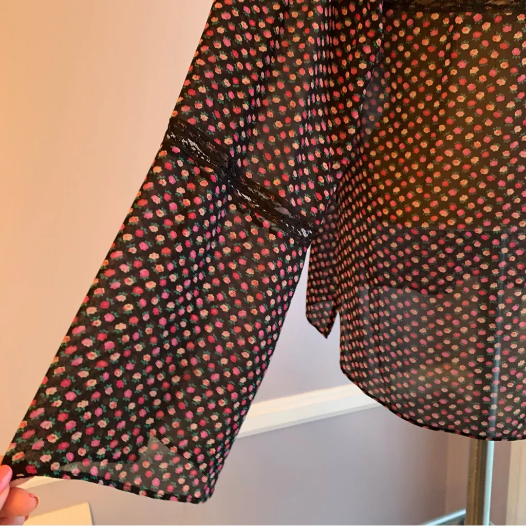 Karen Kane black pink silk floral sheer peasant tunic blouse with bell sleeves S - Image 8