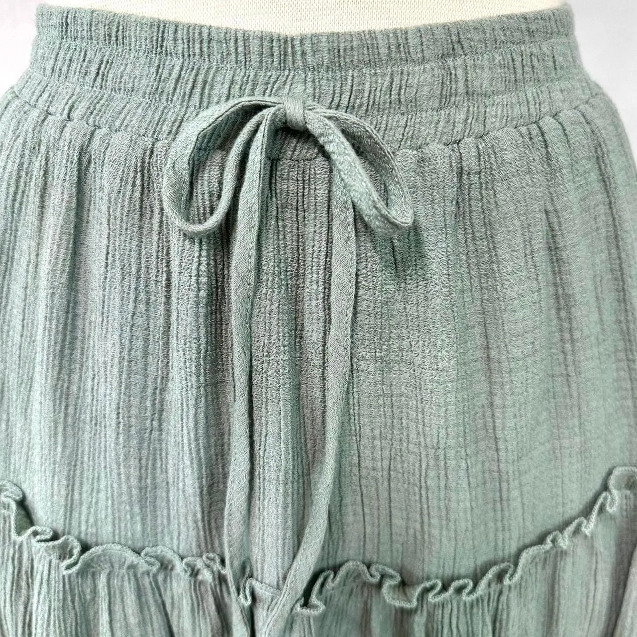 LOVE‎ TREE Green Tiered Mini Skirt Drawstring Waist Women's M Bohemian Festival - Image 2
