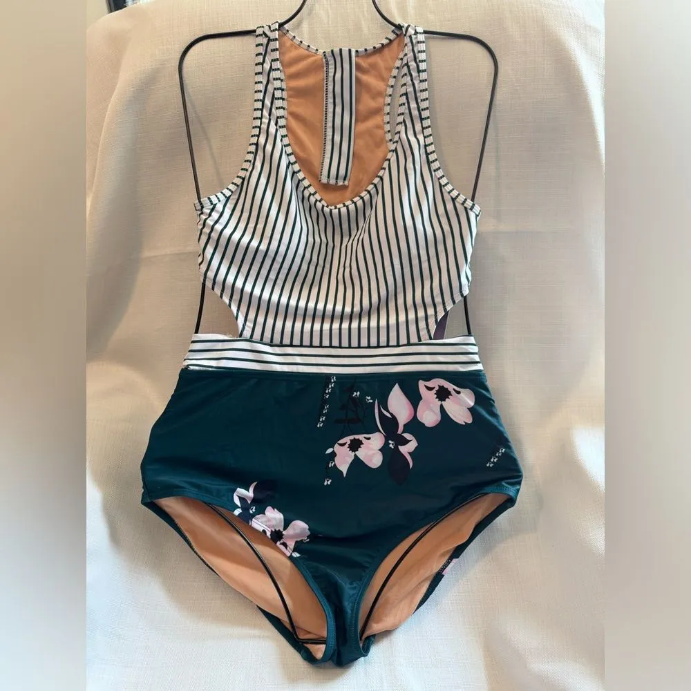 MOLYBELL One Piece Swimsuit High Waisted Floral Cutout Racerback Green M NWT Size M - Image 2