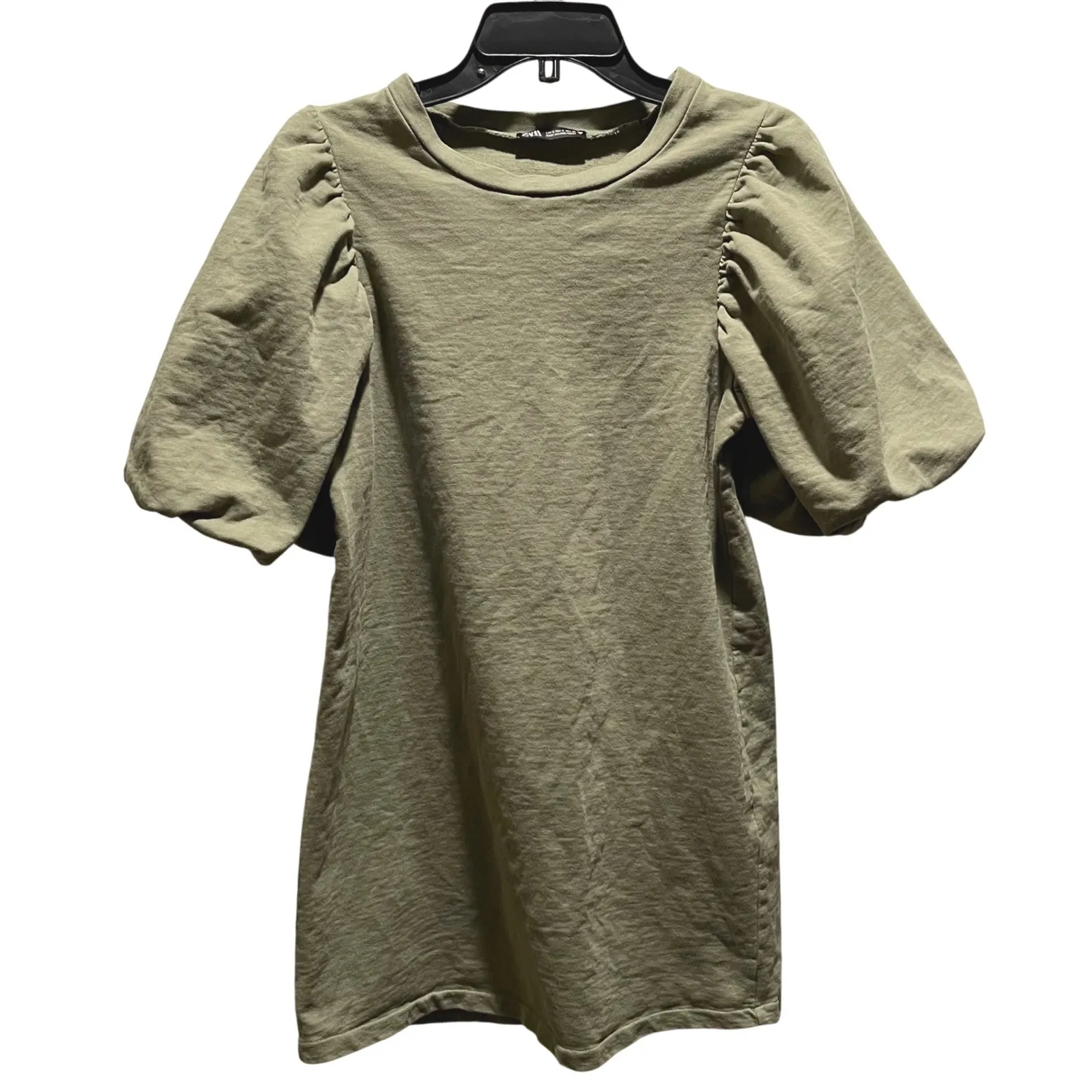ZARA Sage Green Puff Sleeve Sweatshirt Dress Casual Mini Size Small - Image 2