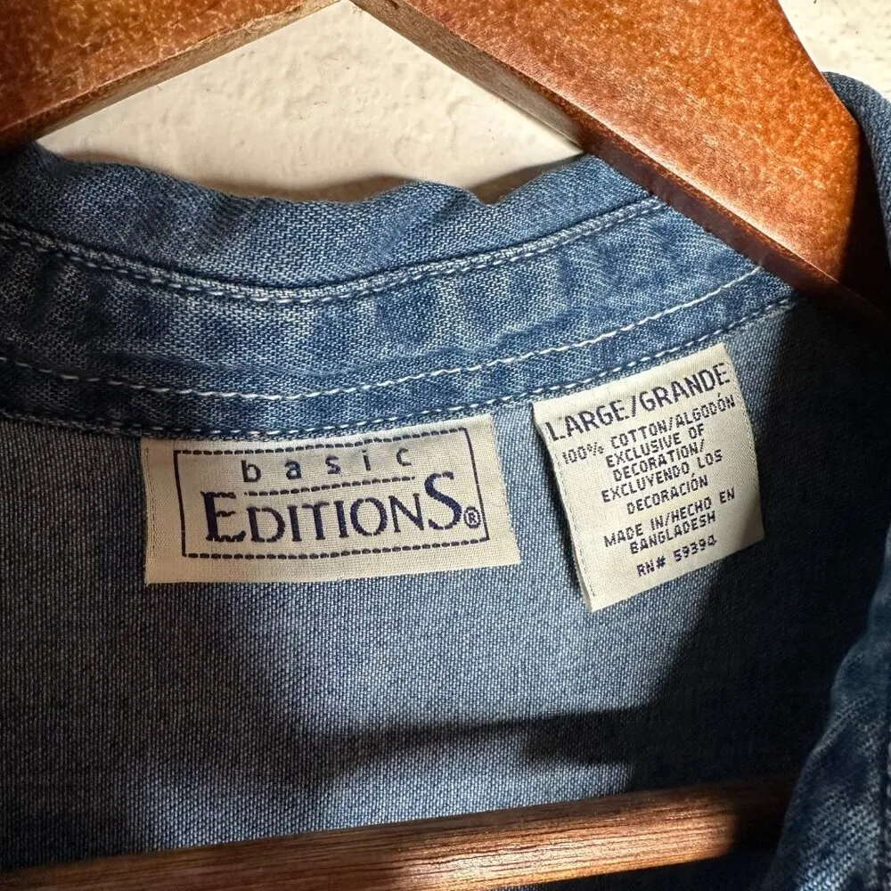 Basic Editions Teddy Bear Embroidered denim sleeveless vintage 90's top Sz Large Blue - Image 5